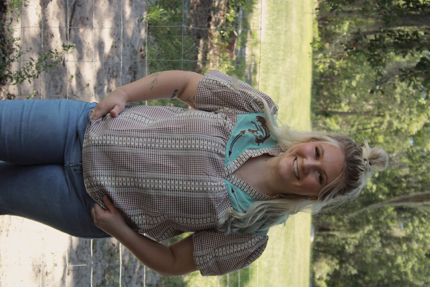 Western Pony Embroidered Gingham Blouse