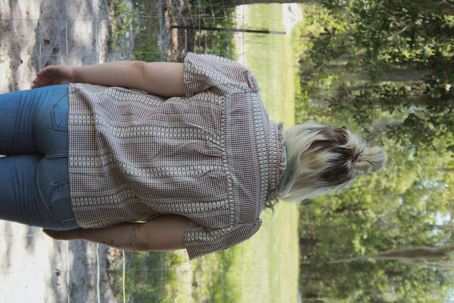 Western Pony Embroidered Gingham Blouse